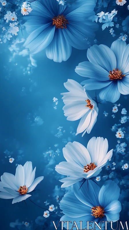 Blue Cosmos Flowers: Luminous Digital Rendering with Graduated Atmospheric Depth
