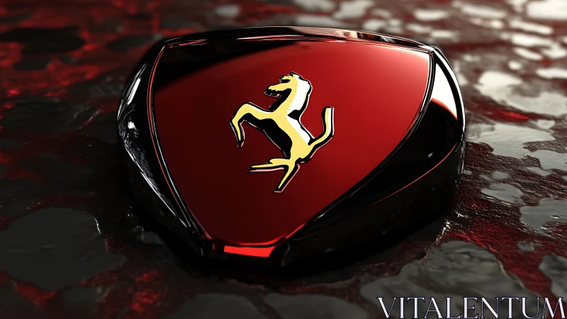 Chrome-red racing crest glows over wet obsidian street.