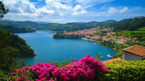 Coastal village lagoon with vivid flowers and green hills.