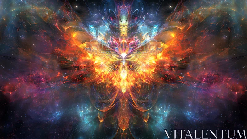 Cosmic energy phoenix explodes in symmetrical nebula light.