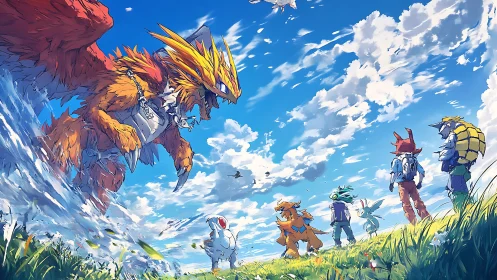 Brave friends greet a soaring beast under bright summer skies.