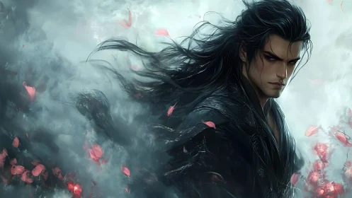 Storm-eyed warrior wrapped in wind, petals, and shadow.