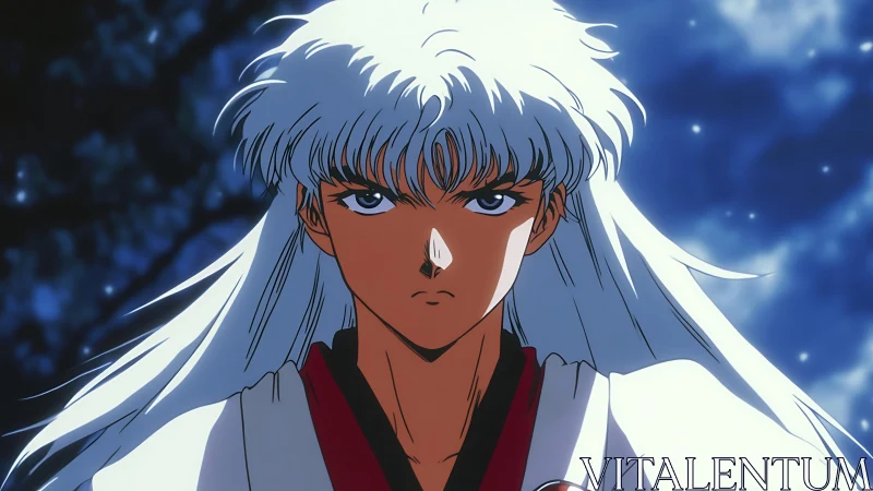 Silver-haired anime warrior stares ahead under moonlight.