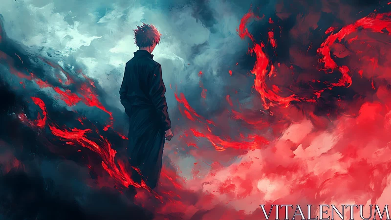 Solitary figure in stylized red and blue elemental storm.