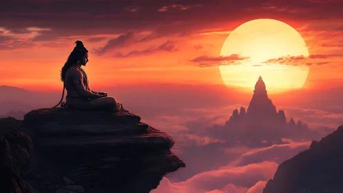 Sun-giant dawn crowns a meditating sage on cloud peaks.