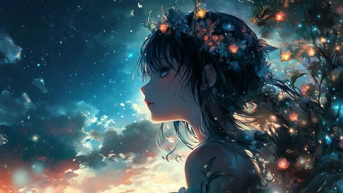 Stargazing bloom girl quietly trades petals for constellations