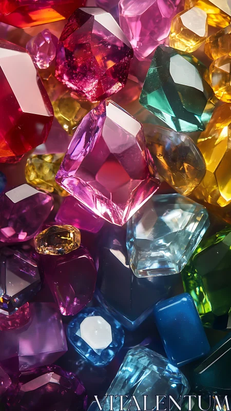 Multicolored faceted gemstones form a densely packed cluster