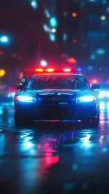 Neon rain patrol car slicing through electric midnight streets.