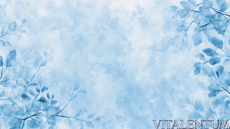 Soft blue watercolor foliage frames light textured background