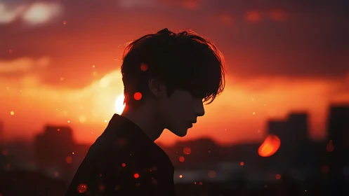 Silhouette of person on urban rooftop against sunset sky.