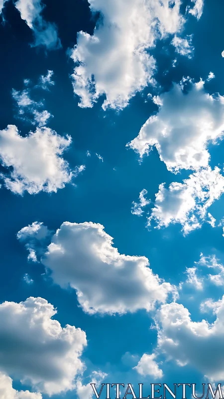 Billowy white clouds drift lazily across a calm blue sky