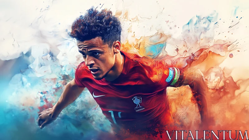 Blazing football winger streaks through swirling color storm.