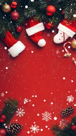 Red background with Christmas stockings and pine decor.