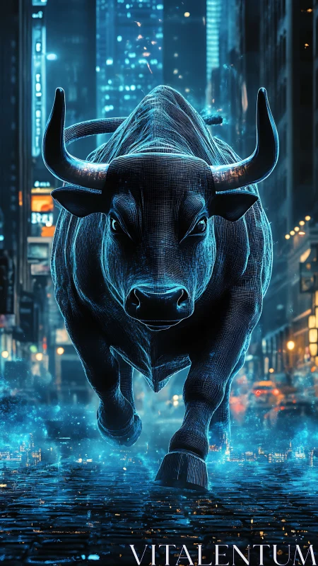 Neon holographic bull charges through futuristic city street