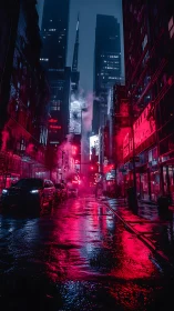 Nocturnal neon canyon with rain-slicked reflective asphalt surface.