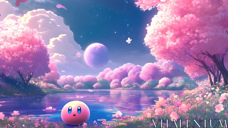 Celestial cherry blossom valley rendered in luminous pastel fantasy