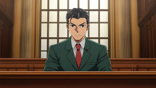 Determined young lawyer sits ready for a crucial courtroom moment