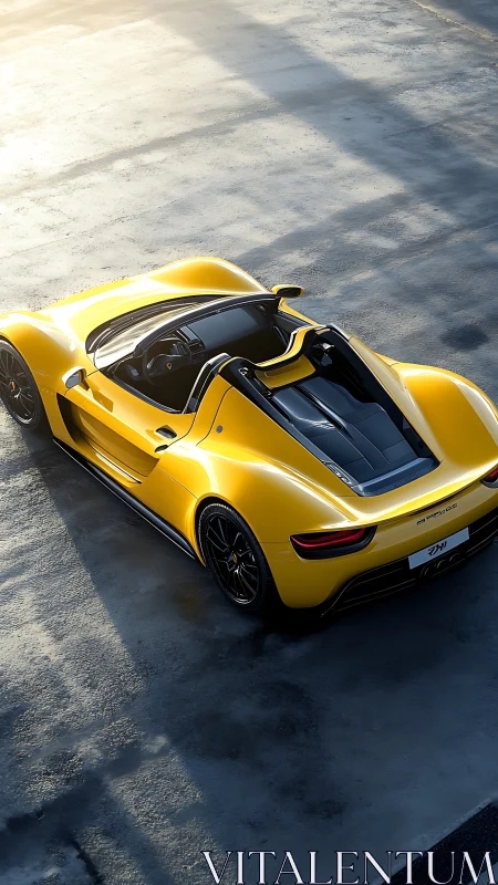 Yellow roadster supercar in cinematic top-down sunlight view.