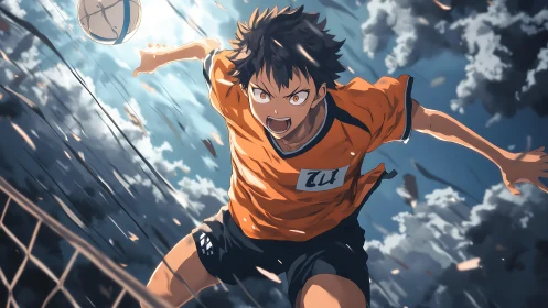 Intense anime volleyball spike under stormy dramatic sky.