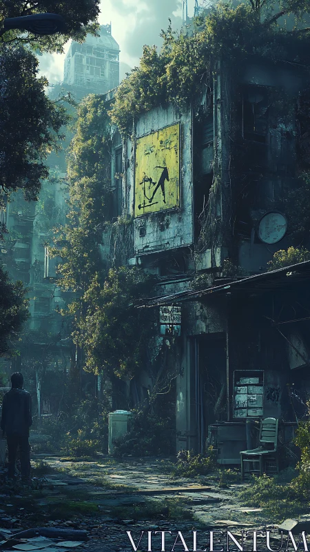 Overgrown urban alley with decayed buildings and figure.