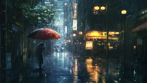 Quiet rainy city street glowing with warm neon lights.