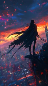 Lone cloaked figure surveys neon city at burning dusk