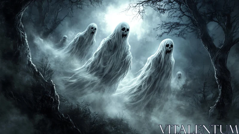 Row of spectral ghosts drifting through a dark forest.