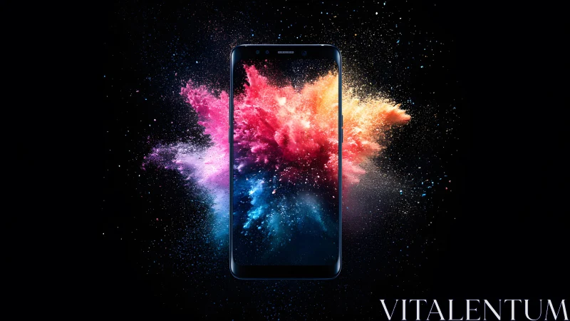 Modern smartphone with vibrant color explosion on black background.