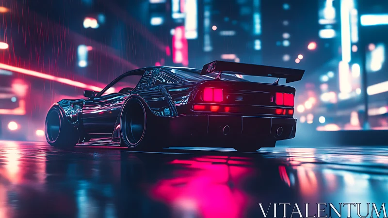 Widebody cyberpunk sports coupe under neon rain at night