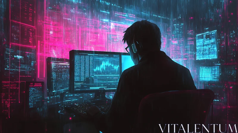 Cyberpunk analyst at workstation with neon data displays.