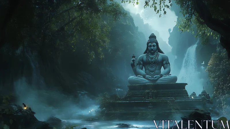 Serene stone deity statue amid misty jungle waterfall.