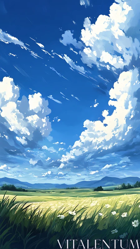 Vast summer meadow stretches under towering cumulus sky