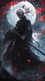 Moonlit swordsman beneath crimson blossoms in stormed silence.