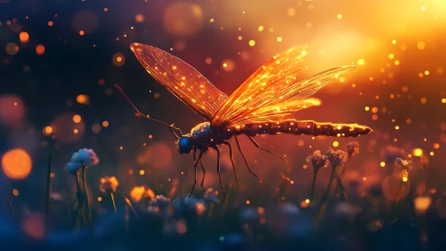 Glowing dragonfly rests in golden twilight over tiny flowers