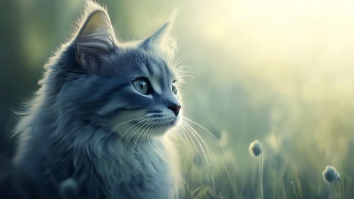 Majestic cat with striking blue eyes in misty garden.