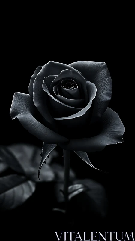 Velvety black rose glowing softly in the quiet dark.
