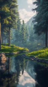 Forest Stream Between Towering Conifers