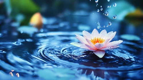 Lotus blossom amid rippling water under falling droplets.