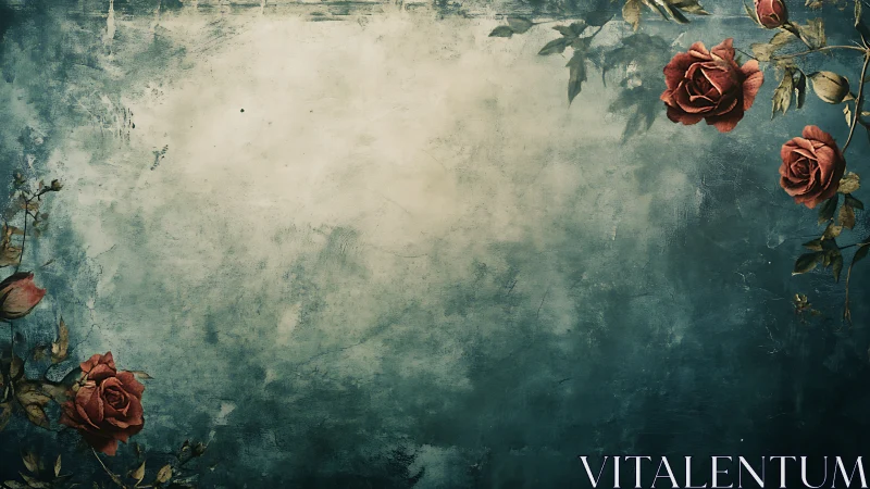 Weathered teal background incorporates red rose corner motifs