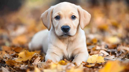 Labrador puppy lies on autumn leaves and looks directly ahead