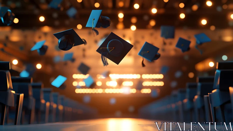 Graduation caps flying in air at ceremony, festive bokeh lights.