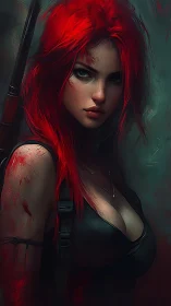 Bloodstained red haired warrior in dark digital portrait.