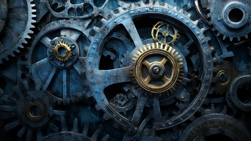 3D industrial gearwork matrix with brass focal cogs.