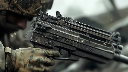 Close-quarters firearm with worn metal finish in tactical use