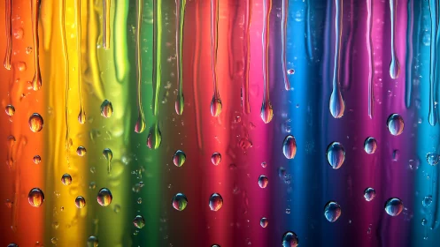 Vertical spectrum bands with water droplets on glass surface.
