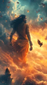Mythic warrior strides through burning clouds at dawn