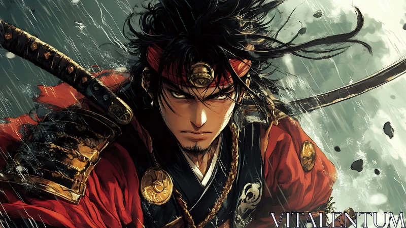 Samurai warrior in rain with drawn sword and focused gaze.