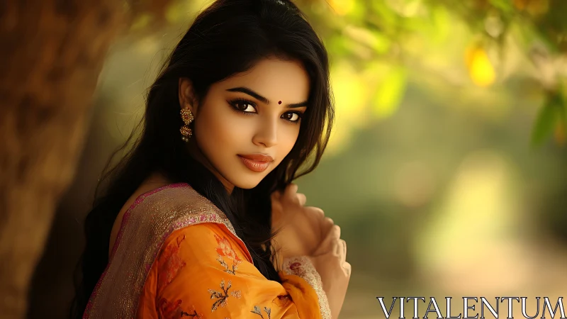 Elegant Woman in Traditional Orange Saree, Soft Outdoor Portrait.