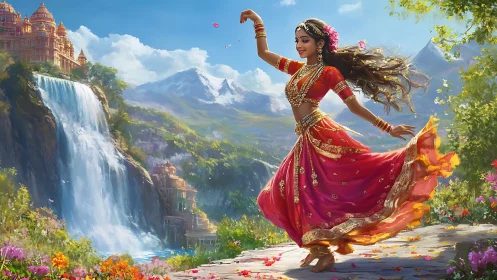 Dancer in crimson whirls above waterfalls and mountain dreams.