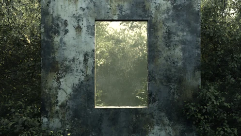 Corroded monolith window framing diffuse forest luminance.